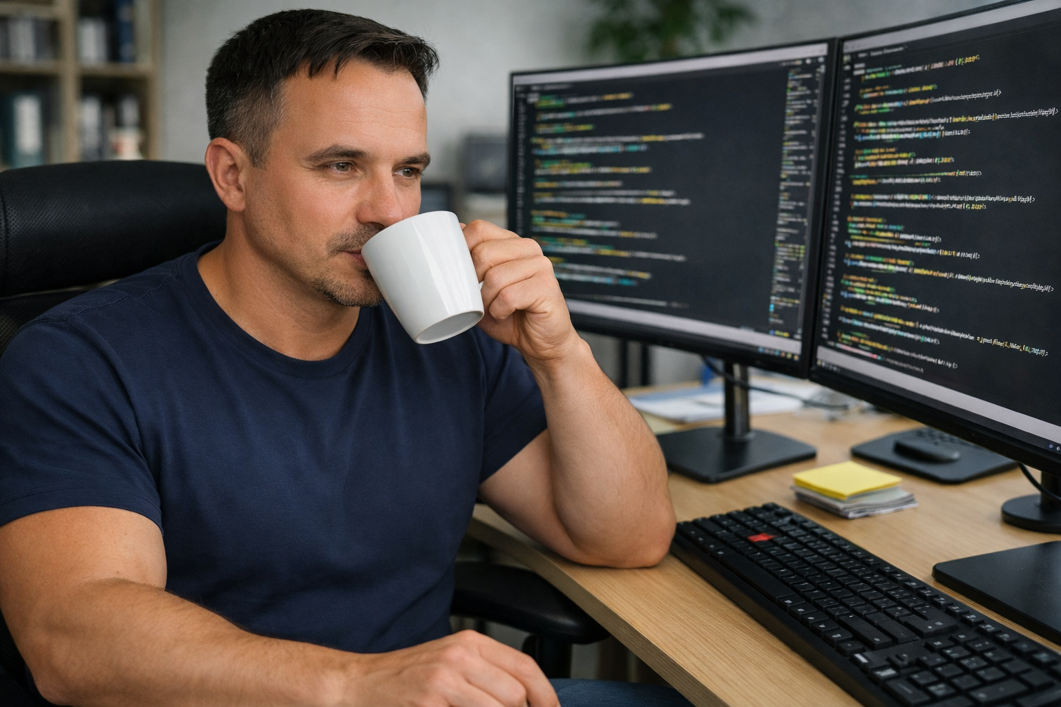Programmierer trinkt Kaffee am Rechner und entwickelt individuelle Lösungen für WMS und Onlineshop von Coffee Fair